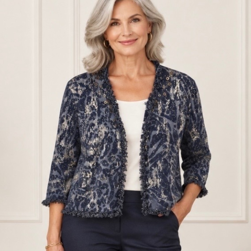 Chicos Blue Silver Foiled Animal Frankie Fringe Cardigan Sweater Size 2 Large